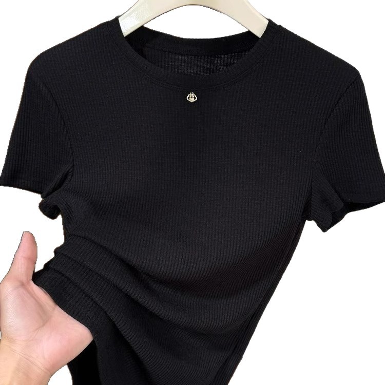 Women's Lightweight Soft Pink Tee Ribbed round Neck Short Sleeve Top Thin Stretchy Basic Shirt for Layering_voghion.com