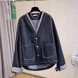 实拍2025秋季宽松休闲V领长袖牛仔夹克短外套百搭上衣女