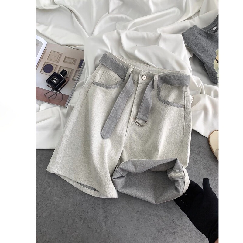 Gray-White High-Waisted Slimming A-Line Casual Wide-Leg Denim Shorts for Women, 2026 New Model Mid-Length Denim Shorts