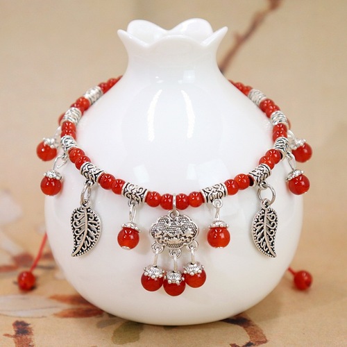 New Women's Summer Red Cord Natural Red Agate Ankle Chain Retro Peace Lock Tassel Bell Ankle Chain Accessory for Zodiac Year