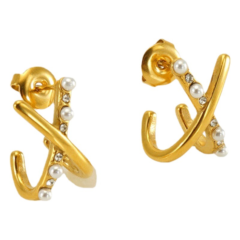 Cruzar la frontera europea y americana de acero de titanio X Cruz perla pendientes de alto grado pendientes de moda elegantes pendientes de acero inoxidable pendientes de las mujeres