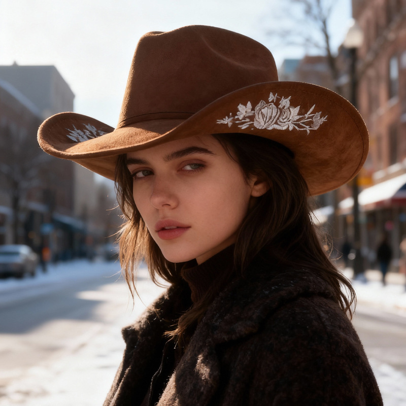 Cross-Border Amazon Casual Jazz Hat Literary Retro Embroidered Felt Hat Outdoor Horse Riding Western Cowboy Hat