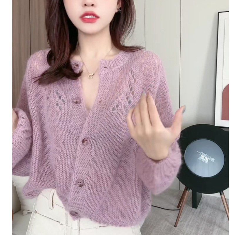 韩版休闲针织毛衣女开衫外套女2025秋季新款高级感马海毛镂空上衣|undefined