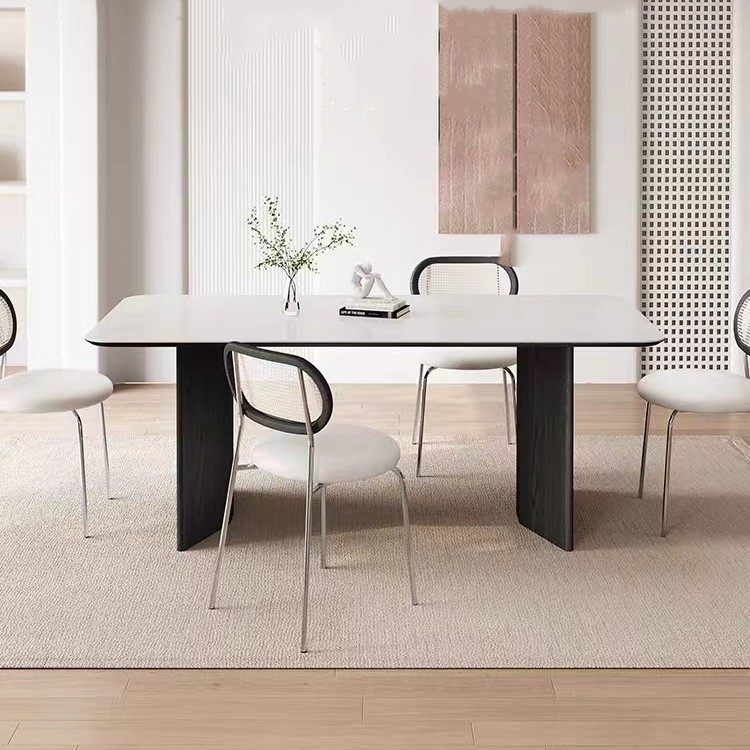 Mesa de comedor de placa de roca blanca pura y combinación de silla moderna simple hogar pequeño apartamento mesa de comedor rectangular de alta gama mesa de comedor de madera maciza