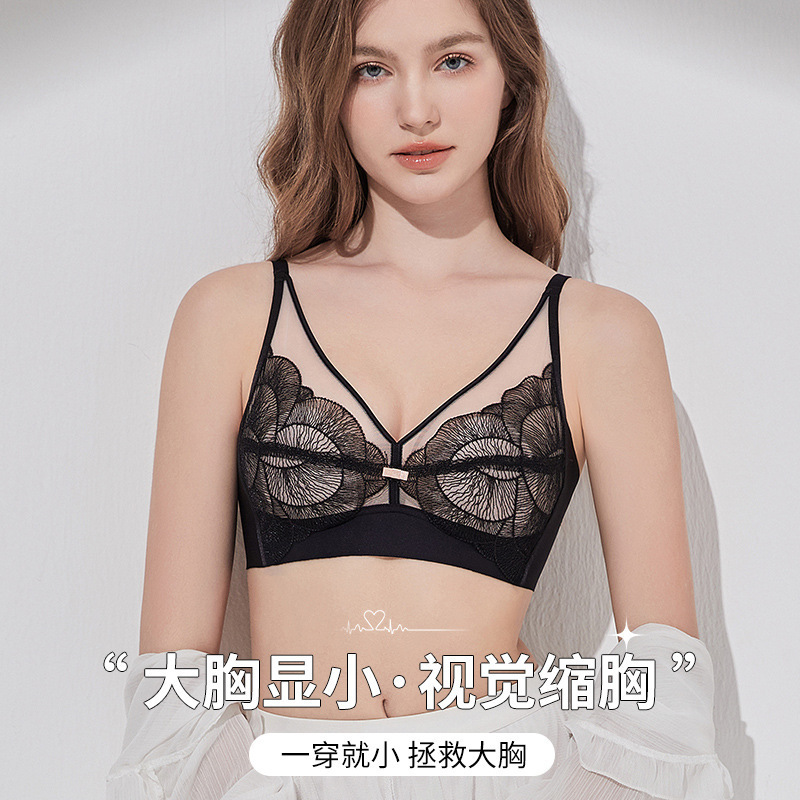 [Can Issue an Invoice] Wave Blossom Embroidery Mulberry Silk Bra for Large Busts, Makes Breasts Look Smaller, Rabbit Ear Crystal Cup Underwear for Women