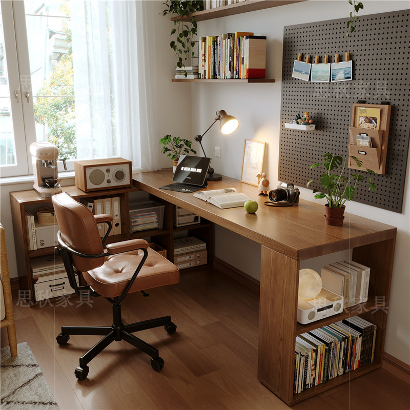 Carefully Selected Solid Wood Desk, Bookshelf, and Bookcase Integrated into a Small Bedroom, Semi-Enclosed L-Shaped Corner Table for Studying and Writing Carefully Selected Solid Wood Desk, Bookshelf, and Bookcase Integrated into a Small Bedroom, Semi-Enclosed L-Shaped Corner Table for Studying and Writing
