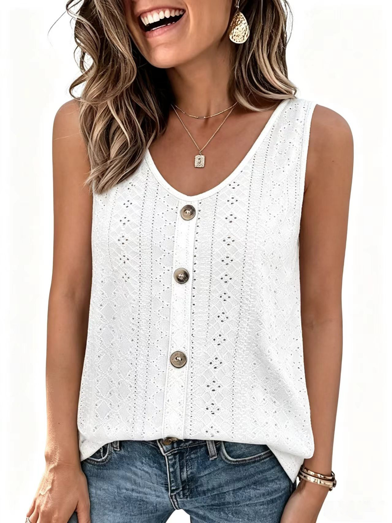2026 European and American Amazon Independent Site New Women's Clothing Sexy Casual Style Solid Color Jacquard U-Neck Sleeveless Short T-Shirt
