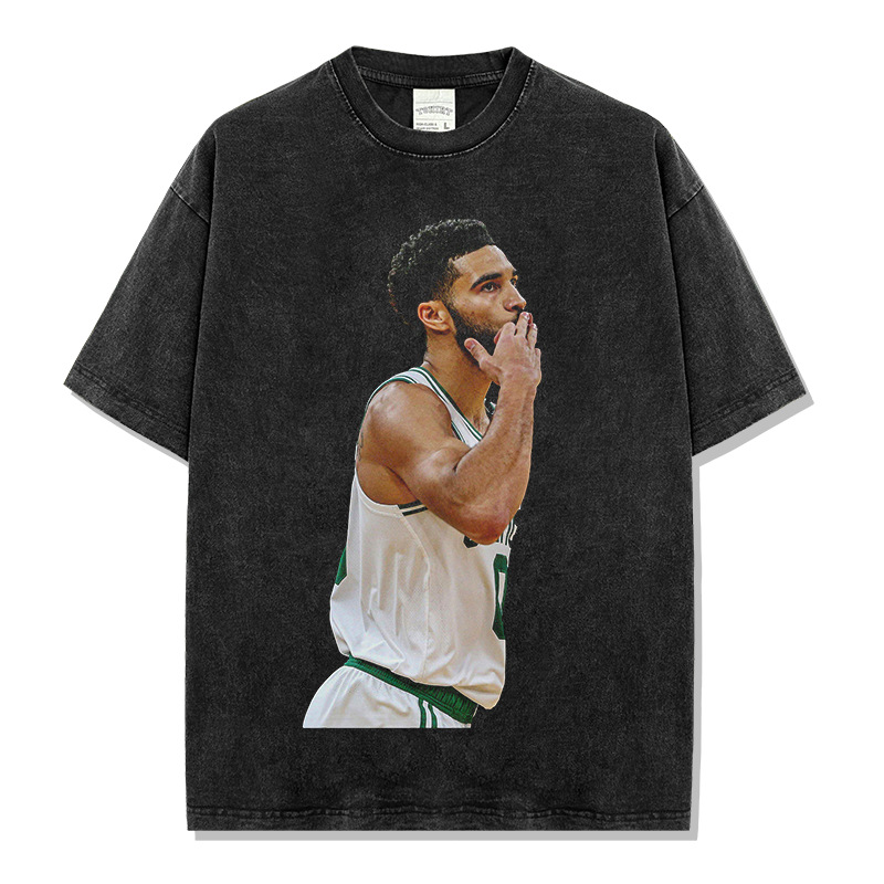 Cross-border retro Tatum Tatum printed T-shirt American washing and antique loose heavy short-sleeved hooded sweatshirt for men