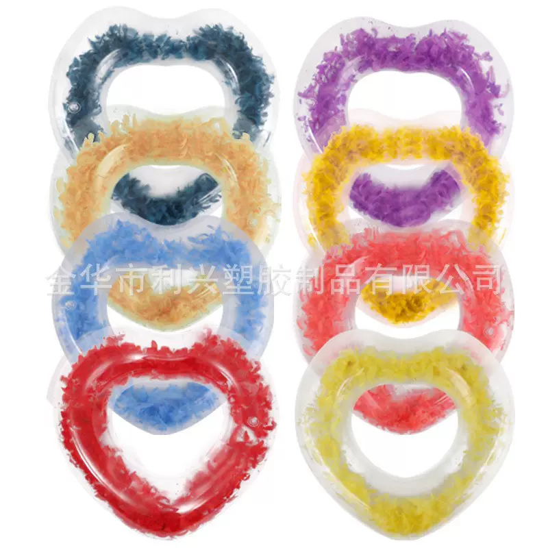 厂家现货爱心鸡毛填料泳圈心型彩虹羽毛游泳圈