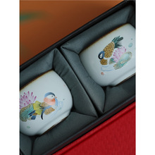 汝窑茶杯情侣款一对开片主人杯景德镇瓷器茶具礼盒送人手绘鸳鸯杯