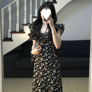 Tea Break French Hepburn Style Black Floral Dress Women's Summer 2025 New Elegant Waist Long Skirt Classy