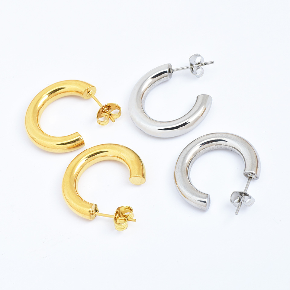 304 Stainless Steel Material C Shape Pattern PVD Coated 18K Gold Plated Real Gold Plated C Shape Titanium Steel Simple Style Waterproof Non Tarnish Ear Studs