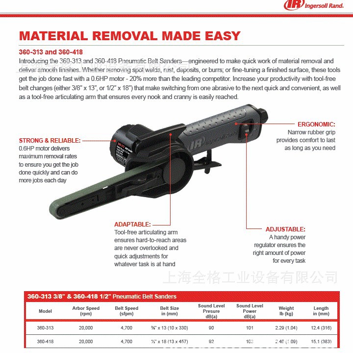 Ingersoll Rand英格索兰360-313气动砂带机360-418气动打磨机