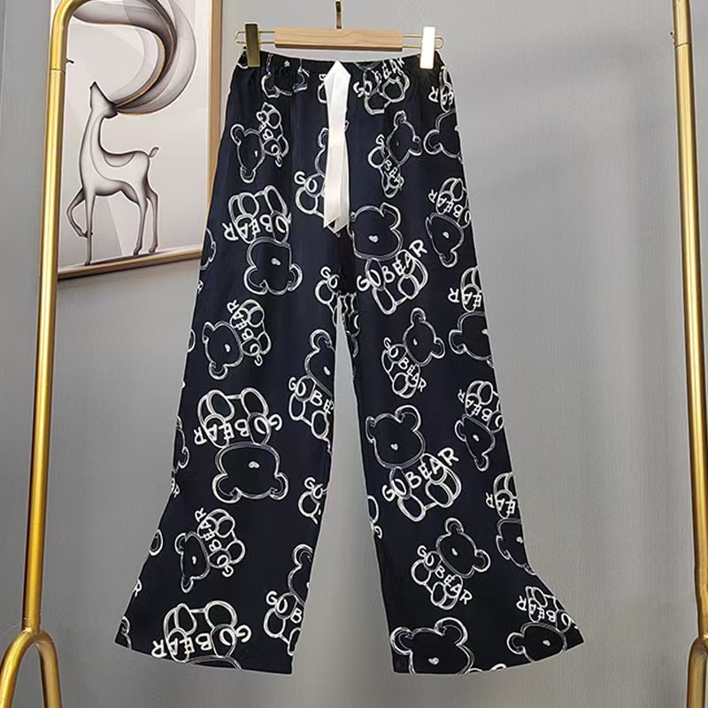 Pijama de seda de algodón para mujer, pantalones anchos de mujer embarazada de seda de algodón con estampado fino de verano