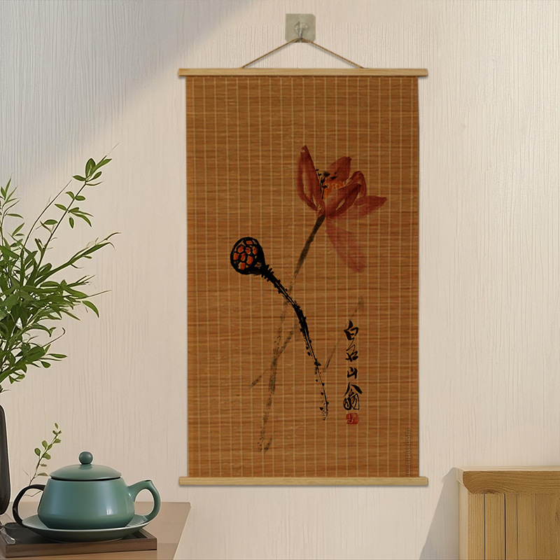 New Chinese Style Lotus Zen Background Decorative Hanging Painting Bamboo Scroll Bamboo Curtain Hanging Painting Punch-Free Roller Blind Bamboo Art Hanging Painting