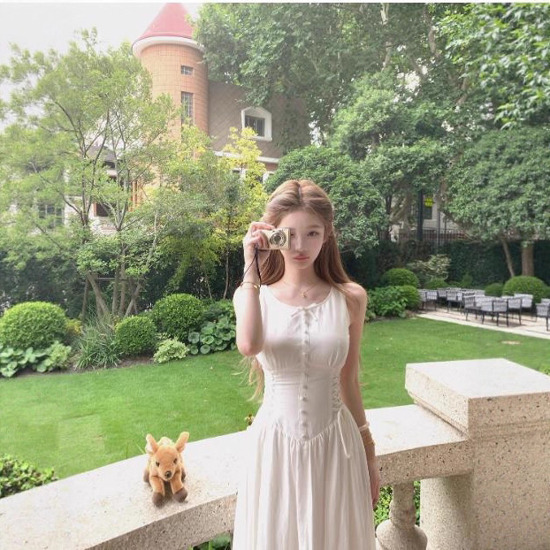 JMSHOP 白色桔梗 少女感绑带收腰连衣裙女夏大方得体无袖长款裙子|undefined