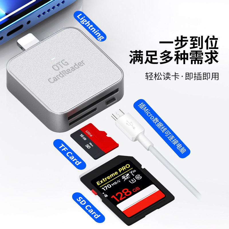 适用iPhone二合一多功能读卡器micro手机Type-c平板SD/TF读卡器