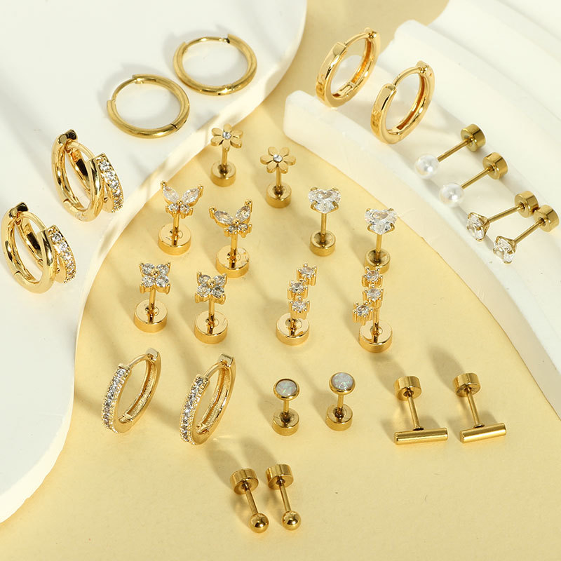 Amazon Hot 14-Pair Combination Stainless Steel Earrings Set Butterfly Ear Bone Nails Fashion Jewelry detail image 8