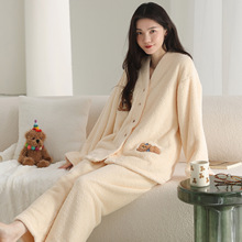 半边绒睡衣女冬季开衫长袖长裤加绒加厚保暖女士和服领家居服套装