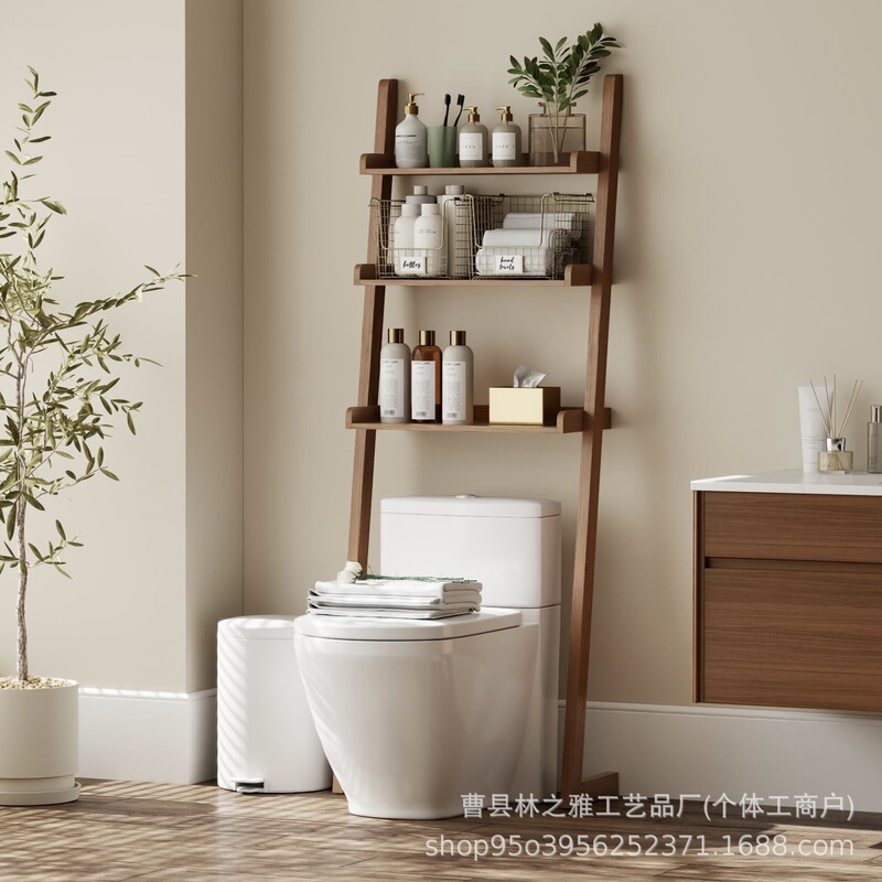 In-Stock Wooden Ladder-Shaped Toilet Storage Rack, Multi-Layer Wall-Mounted Storage Shelf for Bathroom, Multi-Layer Partitioned Storage Rack