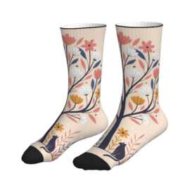POD印花跨境森系花卉猫咪插画中筒袜