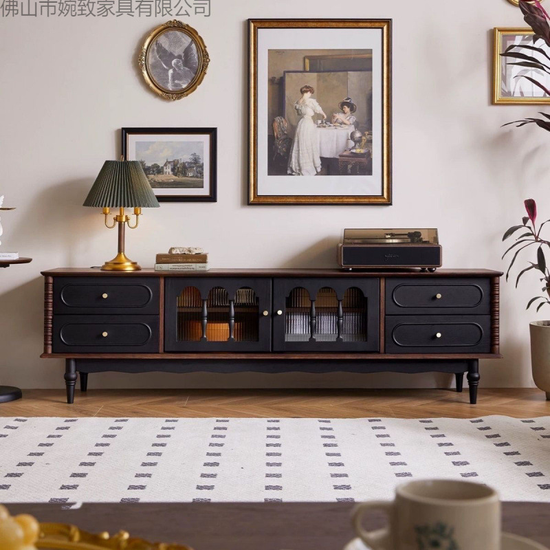 French-Style Retro Solid Wood Coffee Table Tv Cabinet Black American-Style Living Room Floor-Standing Storage Cabinet Trendy New Cabinet