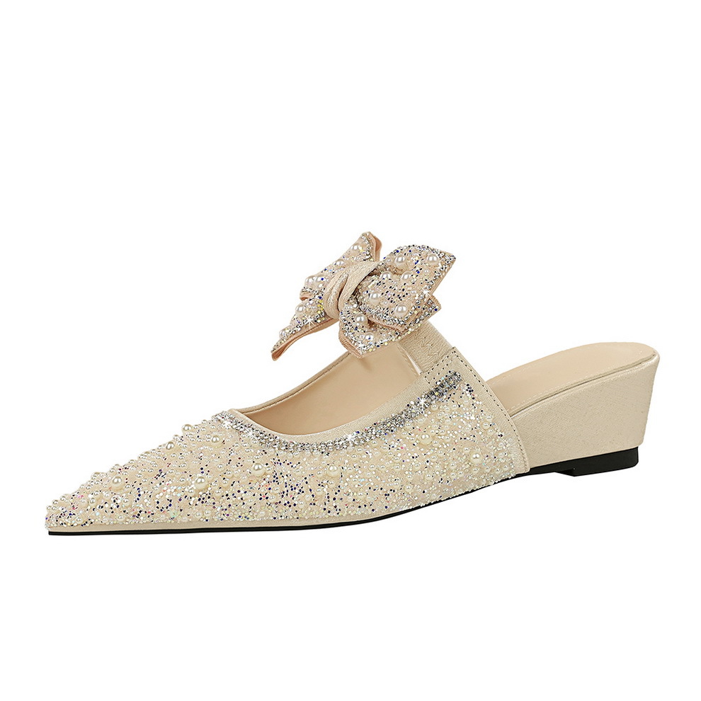 599-1 French Fairy Style Bowknot Pearl Rhinestone Peep Toe Mules For Women High-end Elegant Slip-on Shoes_vogvips.com