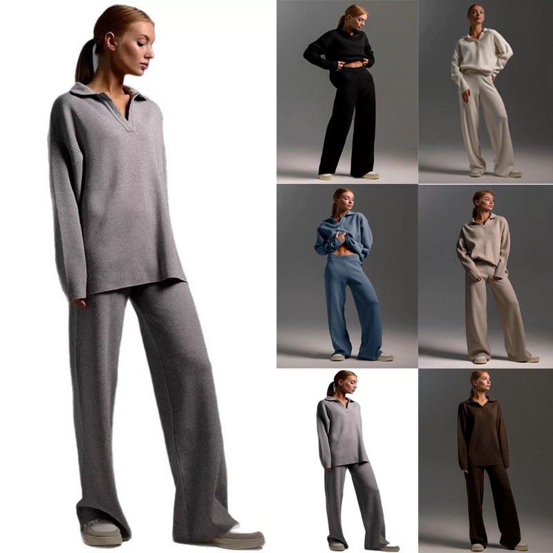 2025 Neues europäisches und amerikanisches Herbst-Winter-Mode-Set: Polokragenpullover, lange Hose, zweiteilig, Damen_voghion.com
