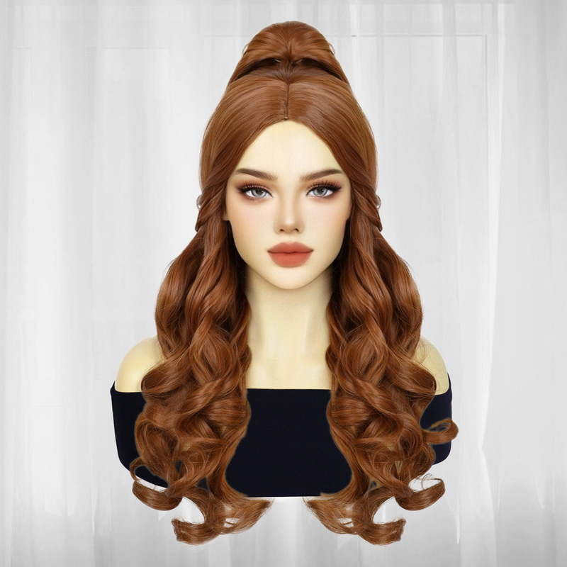Hot Selling Beauty and the Beast Belle Princess Mixed Brown Long Curly Cosplay Wig