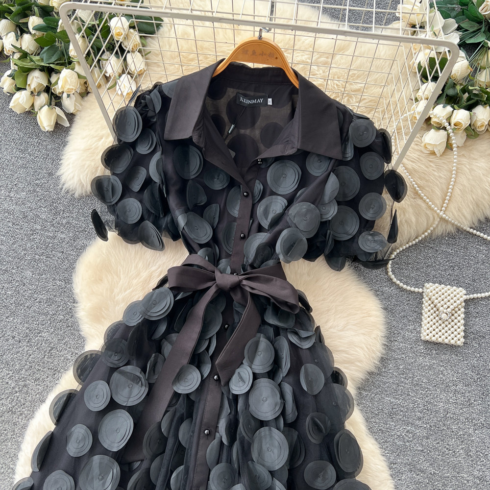Elegant French Style Lace Dress for Women Summer Short Sleeve A-Line Skirt Tie Waist Sophisticated Lapel_ecoleips.com