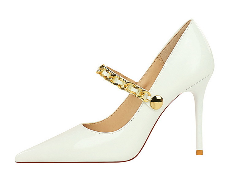 High heels women's shoes slim heels patent leather shallow mouth pointed metal chain line with single shoes_voghion.com