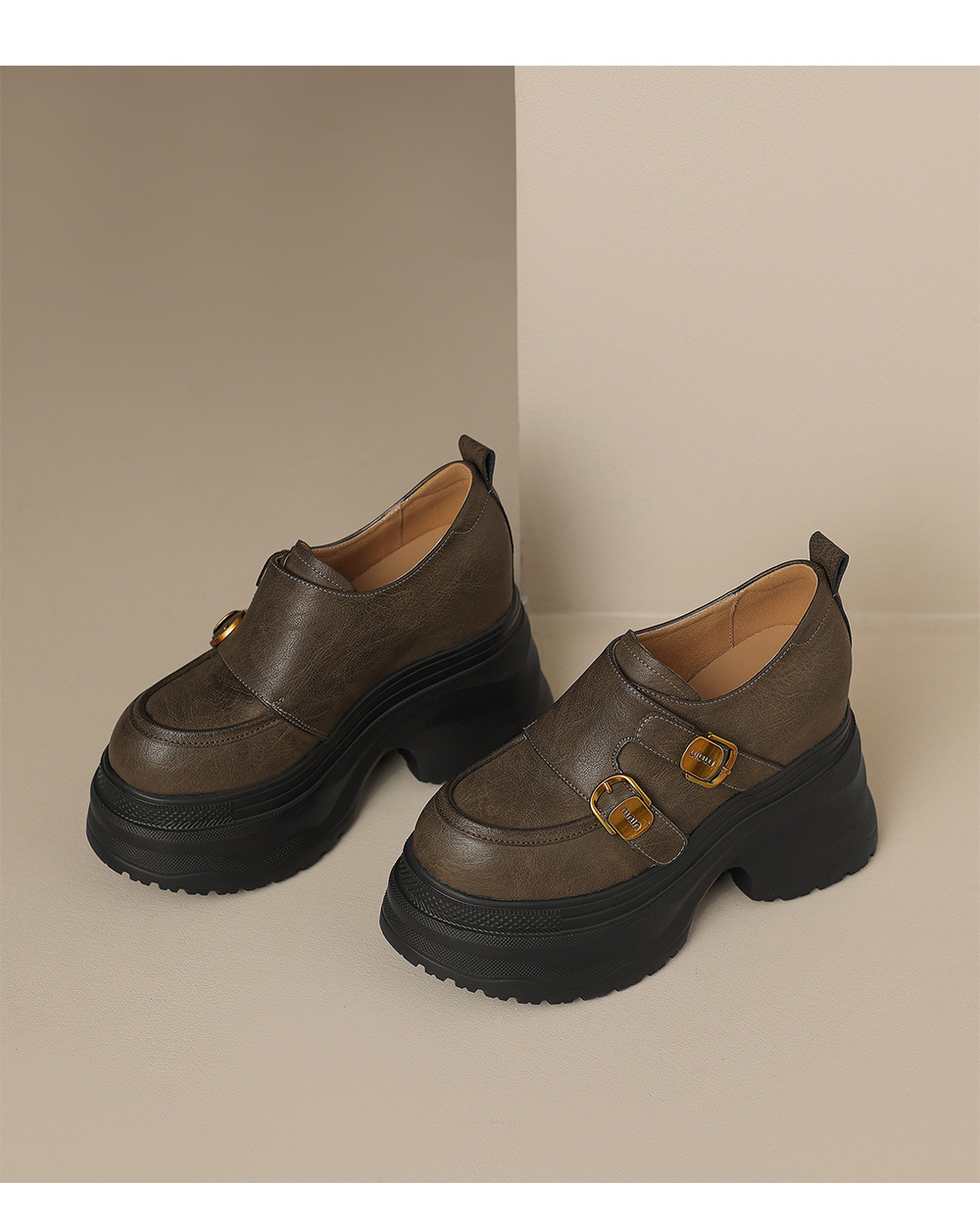 Giày loafer nữ đế xuồng cao 12 cm, miệng sâu cổ điển, khóa thắt lưng — Màu đen, Màu đen kaki chi tiết 15