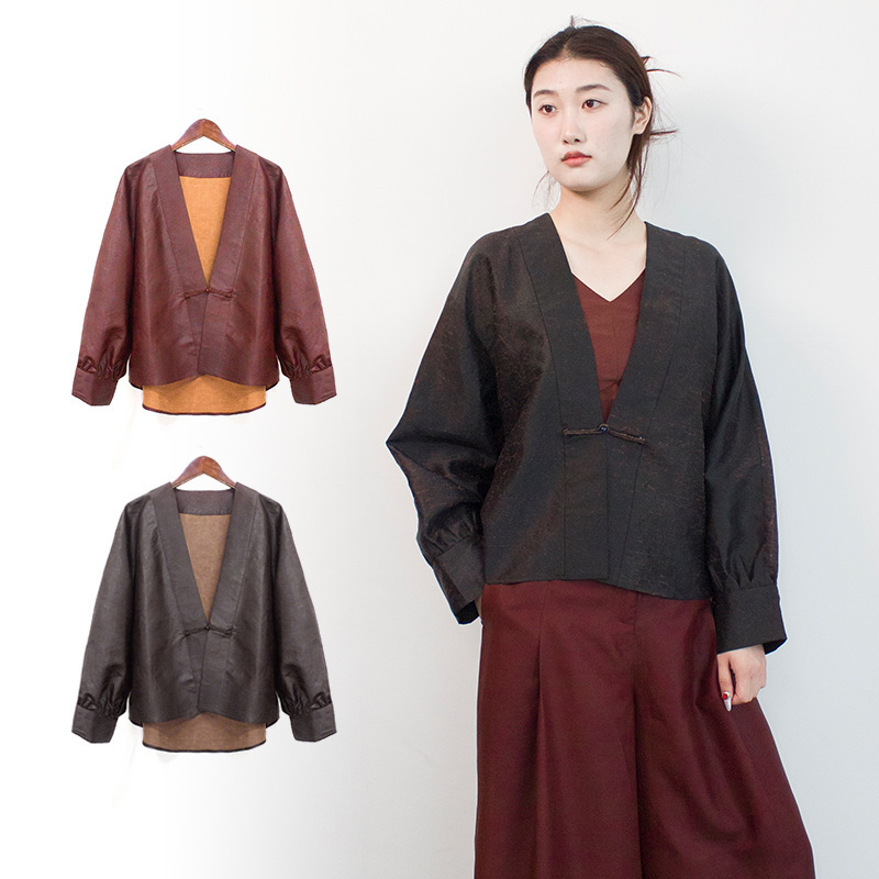 Handmade New Black Tortoise-Patterned Xiangyun Silk Women's Stand-Collar Blazer, Red Cloud Silk Leather Material Stand-Collar Blazer Handmade New Black Tortoise-Patterned Xiangyun Silk Women's Stand-Collar Blazer, Red Cloud Silk Leather Material Stand-Collar Blazer
