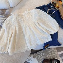 檸里2024春秋新款ins韓國童裝女童蕾絲花邊娃娃衫兒童花朵襯衫潮