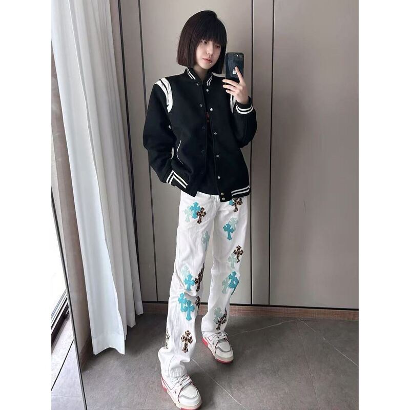 美式克罗CH高街轻奢牛仔裤白色潮牌十字架宽松男女同款直筒长裤|undefined
