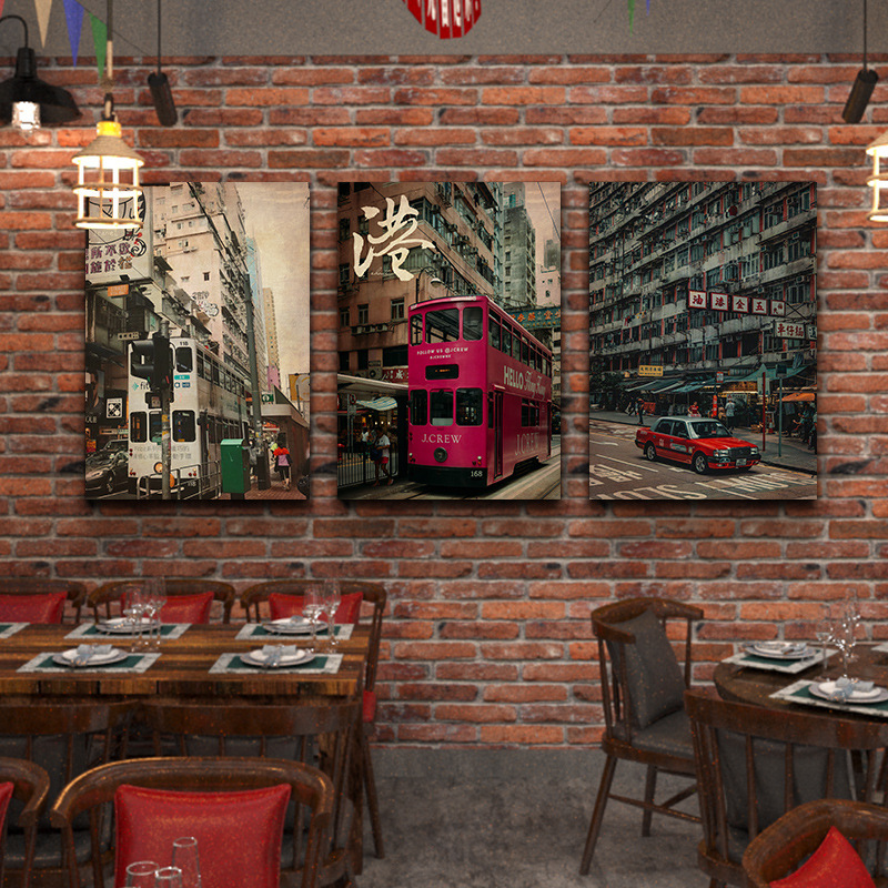 茶餐厅街景照片火锅店墙壁装饰画复画港式香港古老风挂画怀旧工业