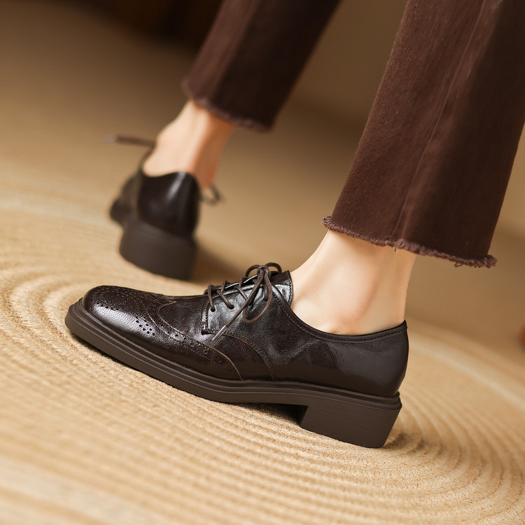 3cm Carved Brogue Small Leather Shoes, Retro British Style Oxford Shoes, Thick Heels, High Heels, Goatskin Deep Mouth Flats, Women's Shoes