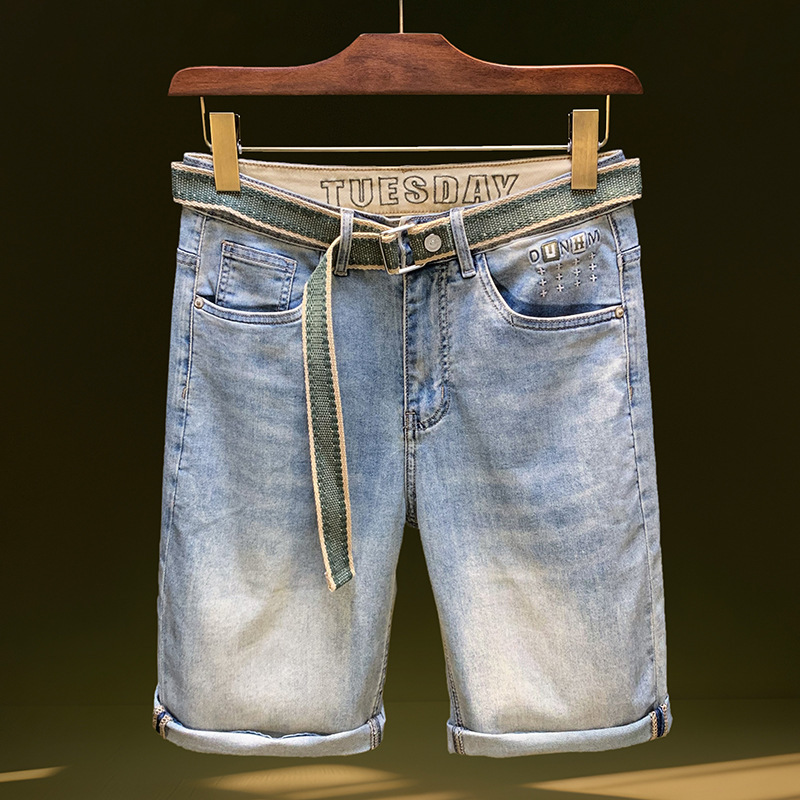 High-End Men's Denim Shorts Summer Trendy Slim Straight Casual Shorts Washed Versatile Stretchy Biker Shorts