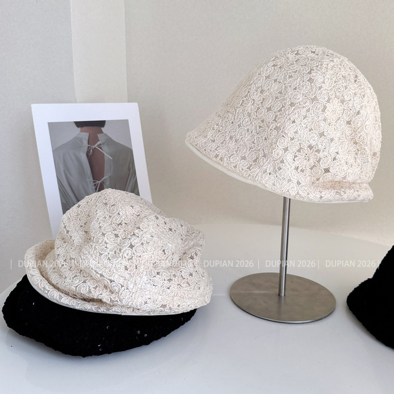 Super Fairy Irish Lace Crochet Double-Layered Fisherman's Hat for Women, Summer Sun Protection Fabric Hat, Sequined Bucket Hat, Sunshade Hat, Trendy Super Fairy Irish Lace Crochet Double-Layered Fisherman's Hat for Women, Summer Sun Protection Fabric Hat, Sequined Bucket Hat, Sunshade Hat, Trendy