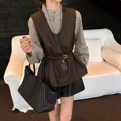 皮衣马夹+配腰包格子衬衫两件套女欧洲站2025秋季新款百搭套装潮