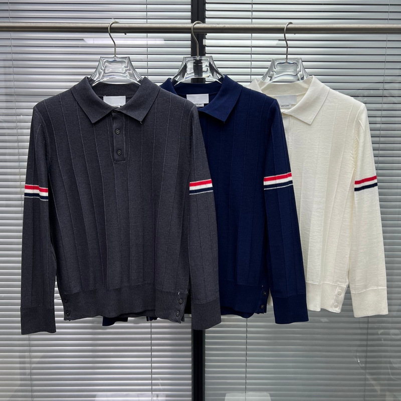 TB new knit sweater with colorful vertical stripes on the sleeves, casual and versatile, unisex, collared long-sleeve sweater TB new knit sweater with colorful vertical stripes on the sleeves, casual and versatile, unisex, collared long-sleeve sweater