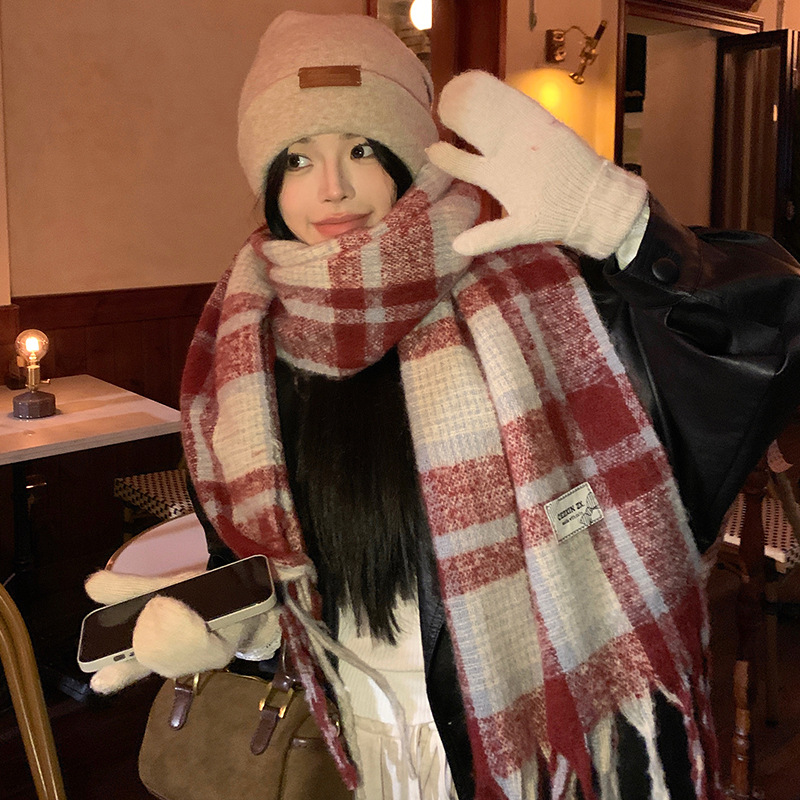 Cachecol de tricô estilo coreano para mulheres no inverno com casaco, xale vermelho de alta qualidade, cobertura externa para o pescoço, protetor de pescoço e lenço de pescoço.