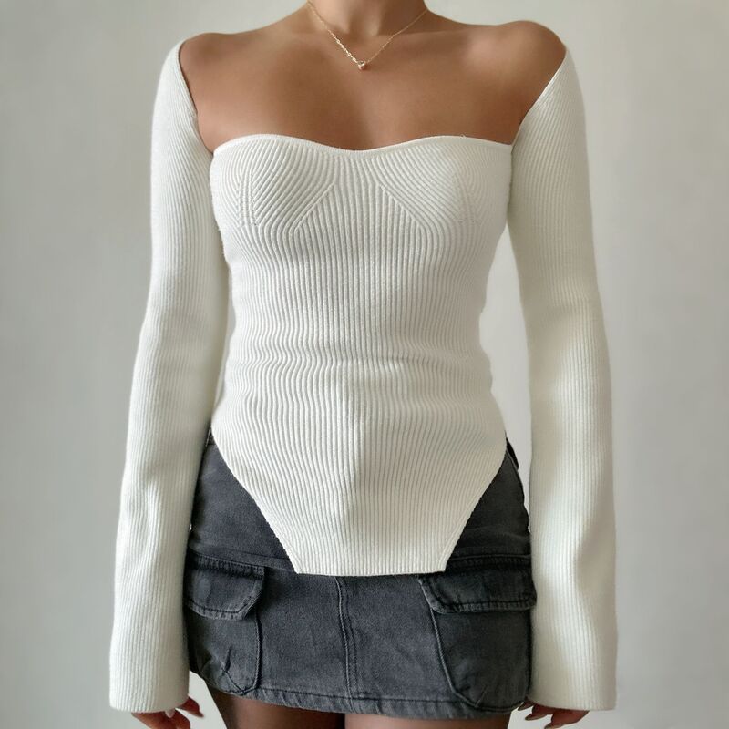 French Elegant Knitted Knitwear Top for Women 2026 Spring New Pure Color Off-Shoulder Hem Slit Slim Fit Slimming Knitwear