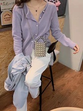 伊甸园珍珠毛衣女纯色针织V领开衫单排扣淑女外套宽松百搭上衣