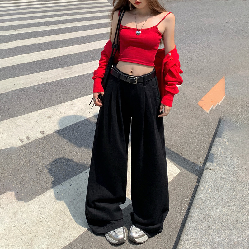 レトロカラー ハイウエスト ルーズ ワイドレッグパンツ ドレープ感のある裾 プリーツ入り 多用途 着痩せ効果 ストレートデニムパンツ レディース 初秋 2025|undefined