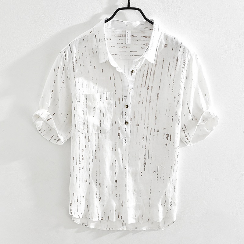 夏メンズリネン半袖Tシャツ、ラペル付きポロシャツ、夏用半袖コットン＆リネンTシャツ、リネントップス|undefined