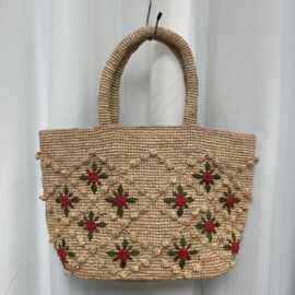 新品拉菲草手钩玫瑰花编织手提包休闲度假草编包大容量度假沙滩包