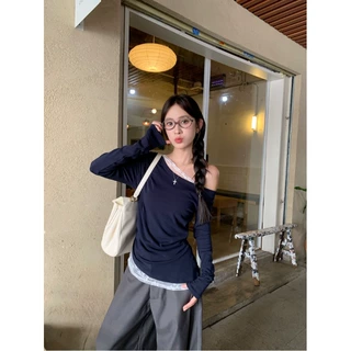 设计感蕾丝拼接斜肩长袖T恤女2025早秋辣妹性感修身显瘦露肩上衣