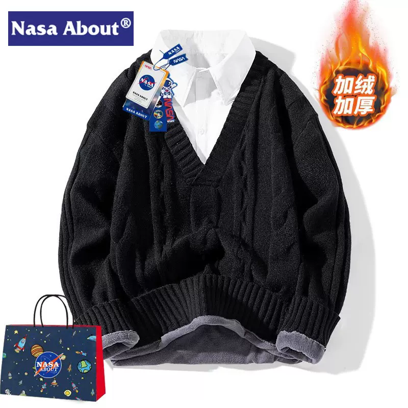 NASA ABOUT学院风毛衣男款假两件衬衫领针织衫冬季加绒加厚打底衫