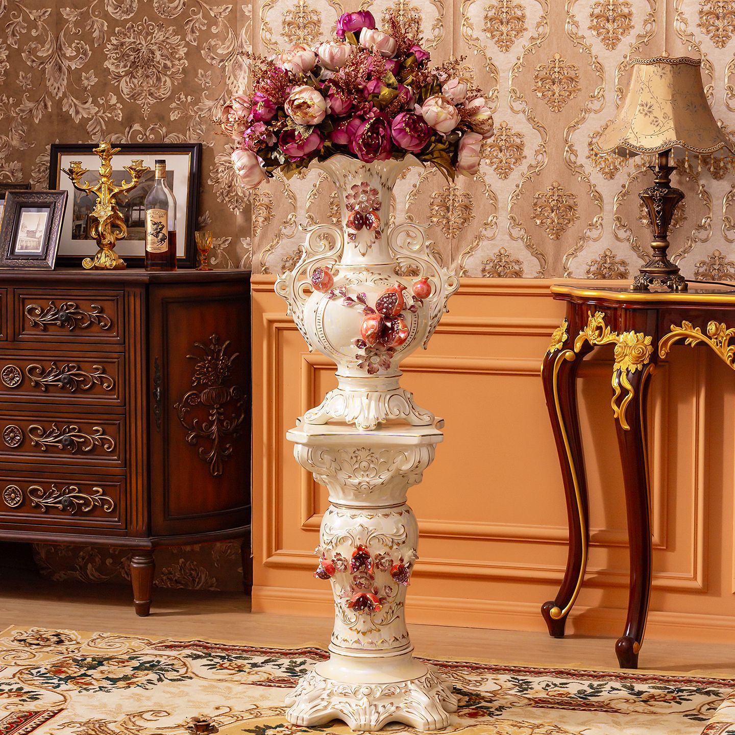 欧式复古陶瓷客厅落地大花瓶高款高级感罗马柱玄关电视柜插花摆件